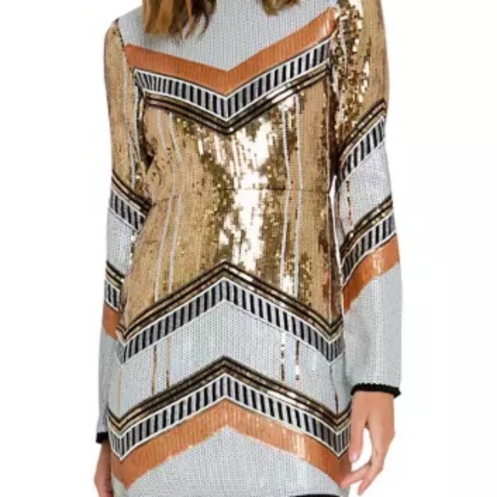 Endless Rose Gold Sequin Chevron Mini Dress with Peach and Black Accents